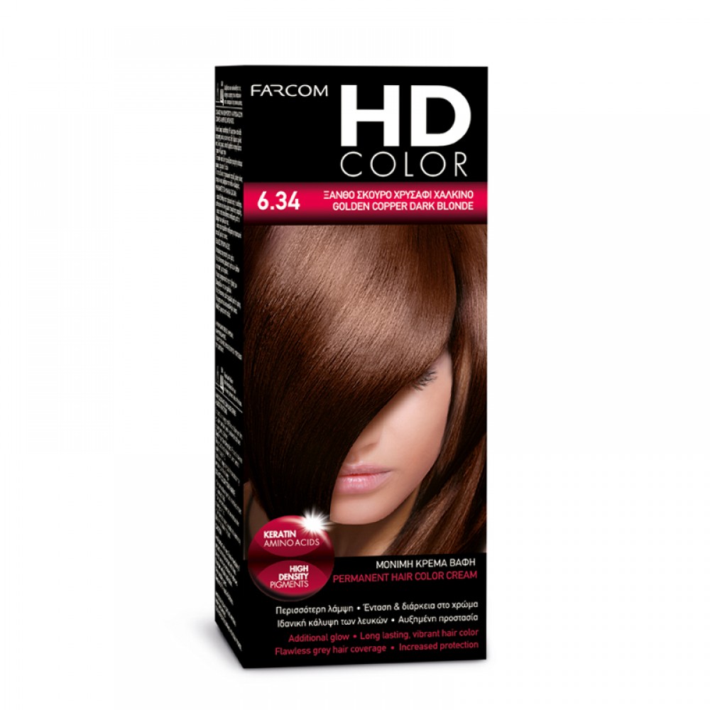 Farcom HD Color 6.34 Ξανθό Σκούρο Χρυσαφί Χάλκινο – Μόνιμη Βαφή Μαλλιών 60ml HAIR CARE 