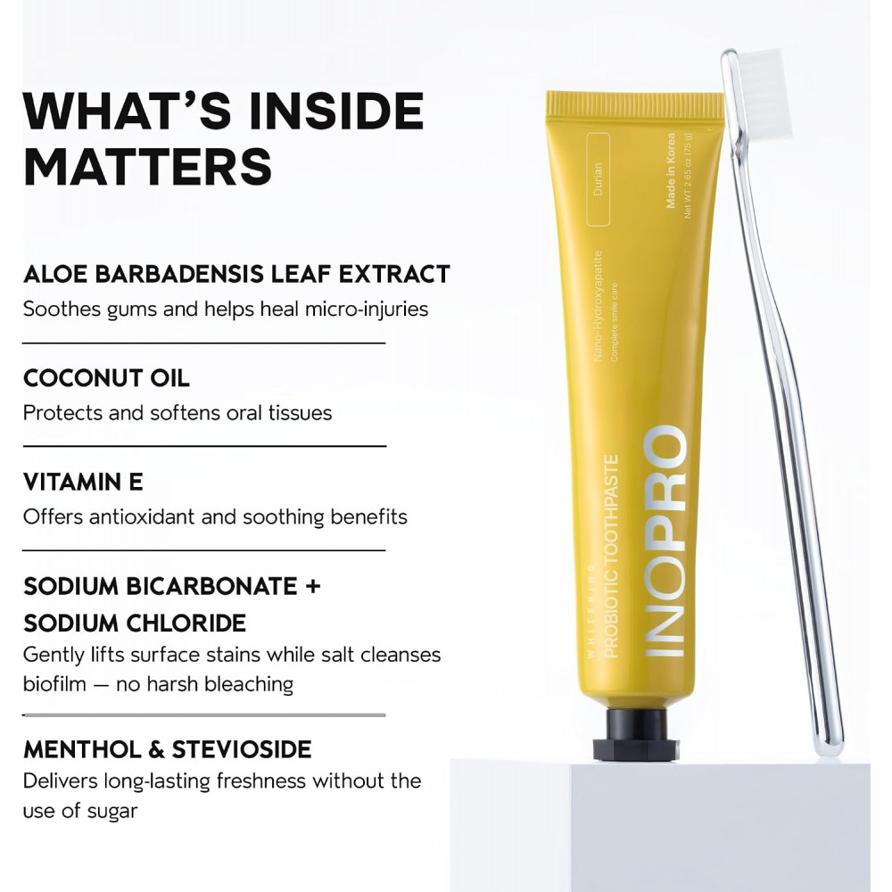 Inopro Whitening Probiotic Toothpaste with Nano Hydroxyapatite, No Fluoride, Durian 75g BODY CARE