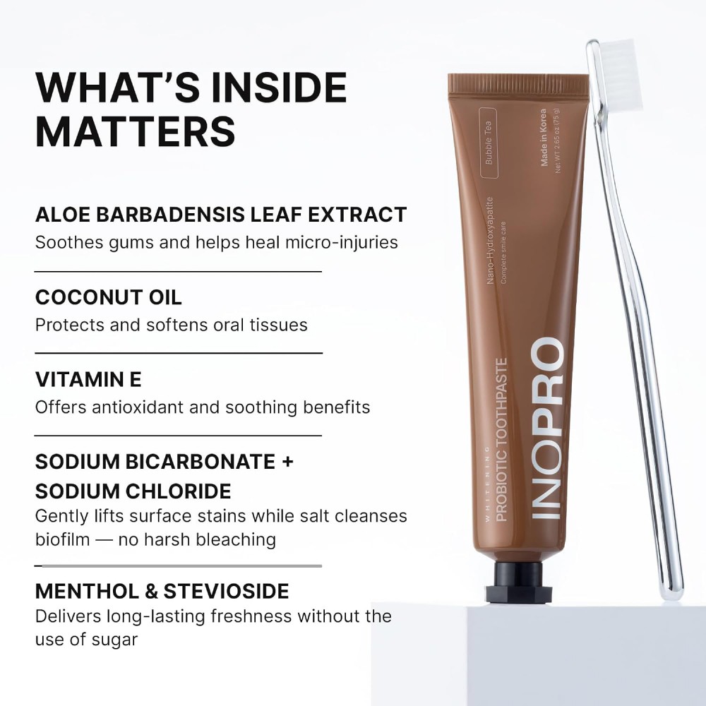 Inopro Whitening Probiotic Toothpaste with Nano Hydroxyapatite, No Fluoride, Bubble Tea 75g BODY CARE