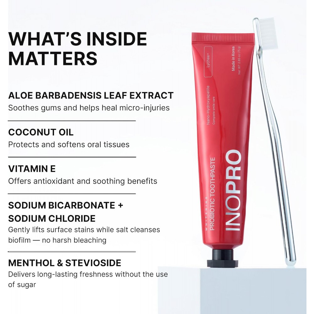 Inopro Whitening Probiotic Toothpaste with Nano Hydroxyapatite, No Fluoride, Lychee, 75g BODY CARE