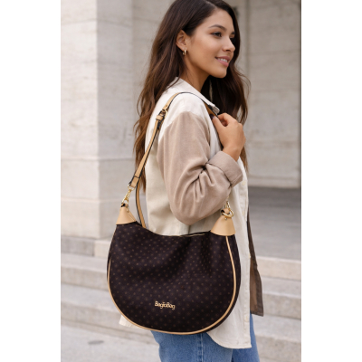 Bag to Bag καφέ τσάντα ώμου με μπεζ λεπτομέρειες